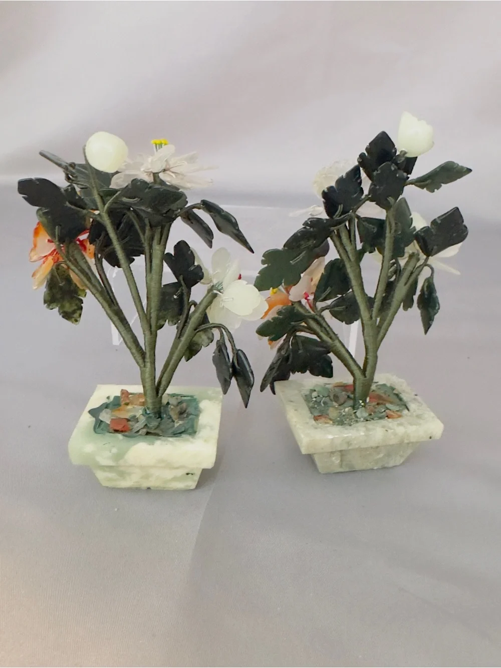 Asian Jade Hardstone Flower Bonsai Trees Jade Planter Pair - White and Orange